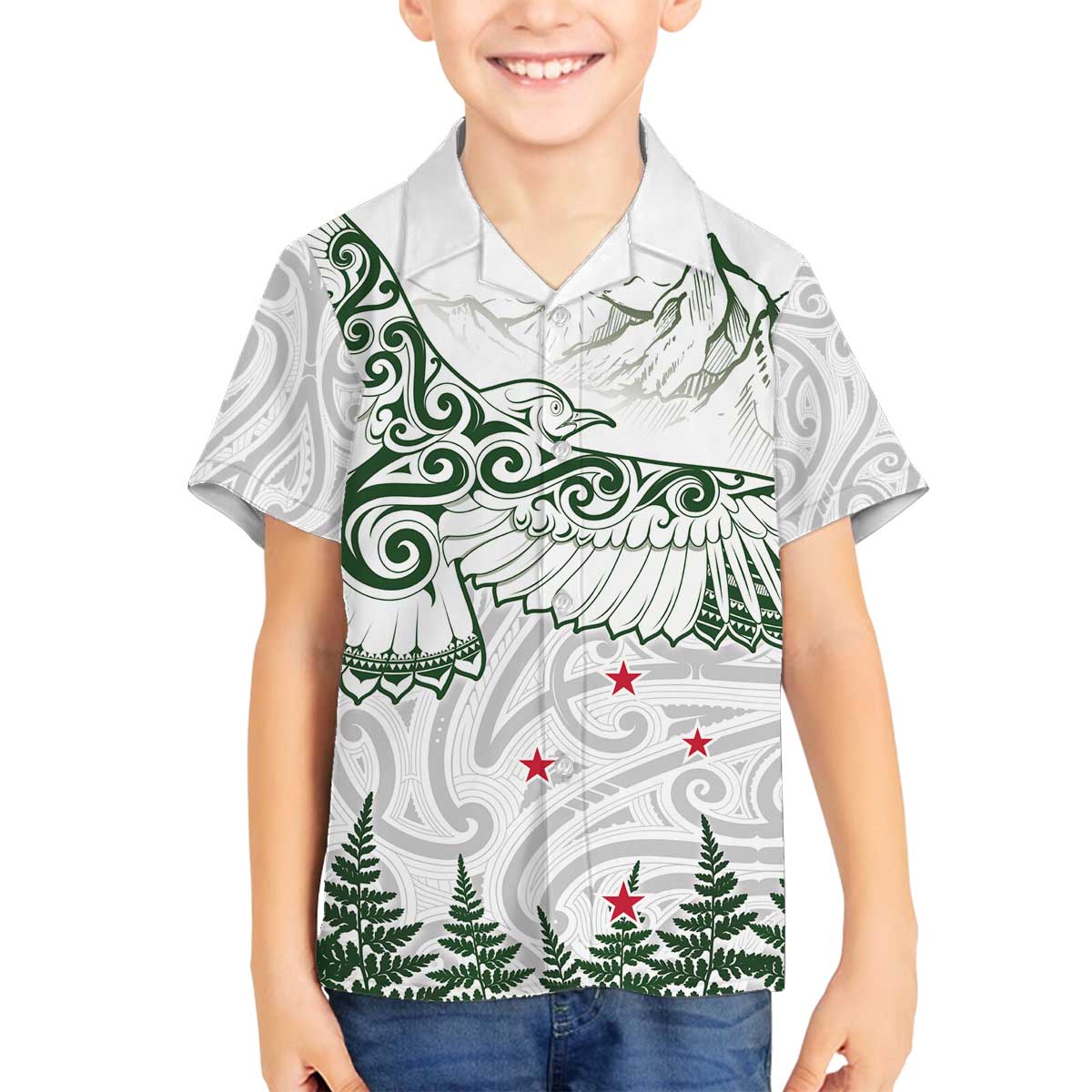 New Zealand Kea Bird Family Matching Puletasi and Hawaiian Shirt Maori Tattoo and Silver Fern Green Color LT03 Son's Shirt White - Polynesian Pride