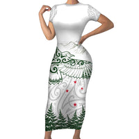New Zealand Kea Bird Family Matching Short Sleeve Bodycon Dress and Hawaiian Shirt Maori Tattoo and Silver Fern Green Color LT03 Mom's Dress White - Polynesian Pride