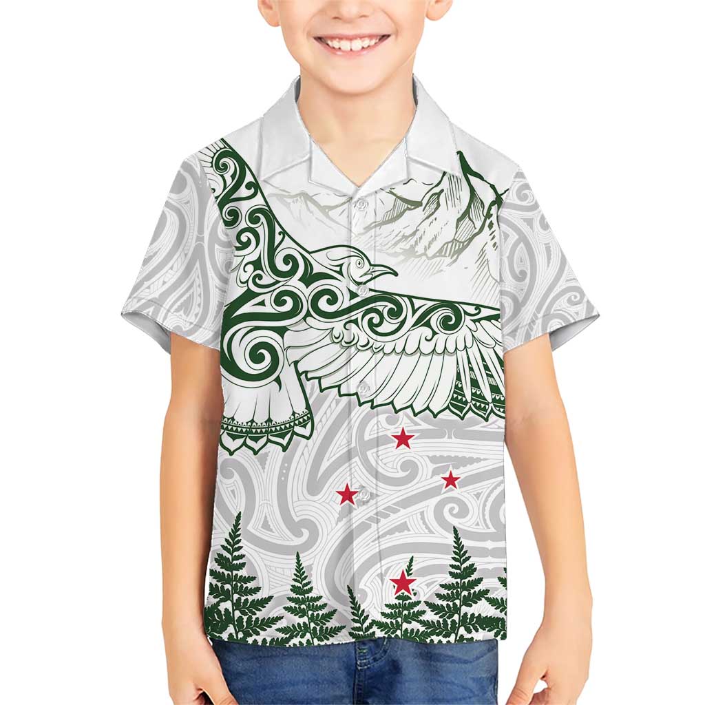 New Zealand Kea Bird Family Matching Short Sleeve Bodycon Dress and Hawaiian Shirt Maori Tattoo and Silver Fern Green Color LT03 Son's Shirt White - Polynesian Pride