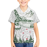 New Zealand Kea Bird Family Matching Short Sleeve Bodycon Dress and Hawaiian Shirt Maori Tattoo and Silver Fern Green Color LT03 Son's Shirt White - Polynesian Pride