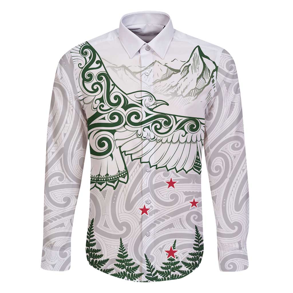 New Zealand Kea Bird Family Matching Summer Maxi Dress and Hawaiian Shirt Maori Tattoo and Silver Fern Green Color LT03 Dad's Shirt - Long Sleeve White - Polynesian Pride