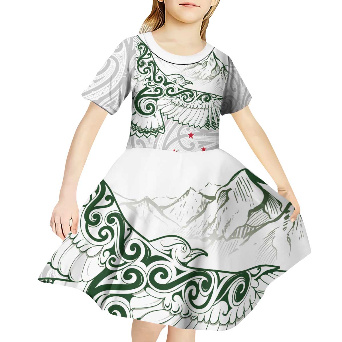 New Zealand Kea Bird Kid Short Sleeve Dress Maori Tattoo and Silver Fern Green Color LT03 - Polynesian Pride