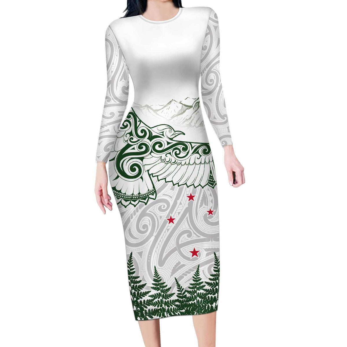 New Zealand Kea Bird Long Sleeve Bodycon Dress Maori Tattoo and Silver Fern Green Color LT03 Long Dress White - Polynesian Pride