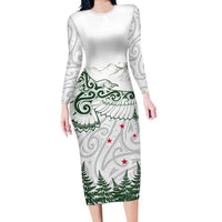 New Zealand Kea Bird Long Sleeve Bodycon Dress Maori Tattoo and Silver Fern Green Color LT03 Long Dress White - Polynesian Pride