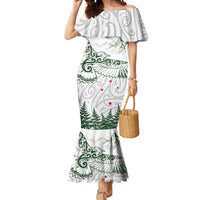 New Zealand Kea Bird Mermaid Dress Maori Tattoo and Silver Fern Green Color LT03 Women White - Polynesian Pride