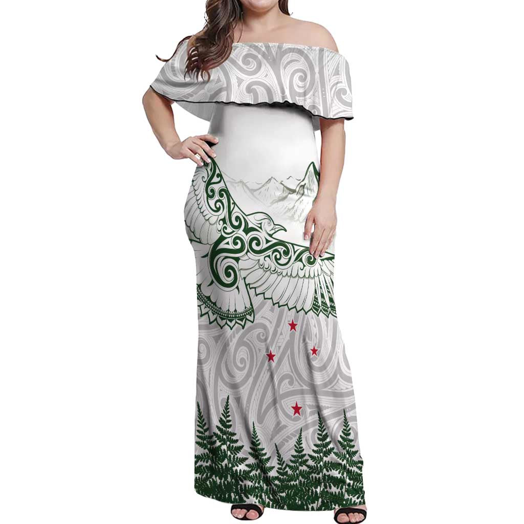 New Zealand Kea Bird Off Shoulder Maxi Dress Maori Tattoo and Silver Fern Green Color LT03 Women White - Polynesian Pride