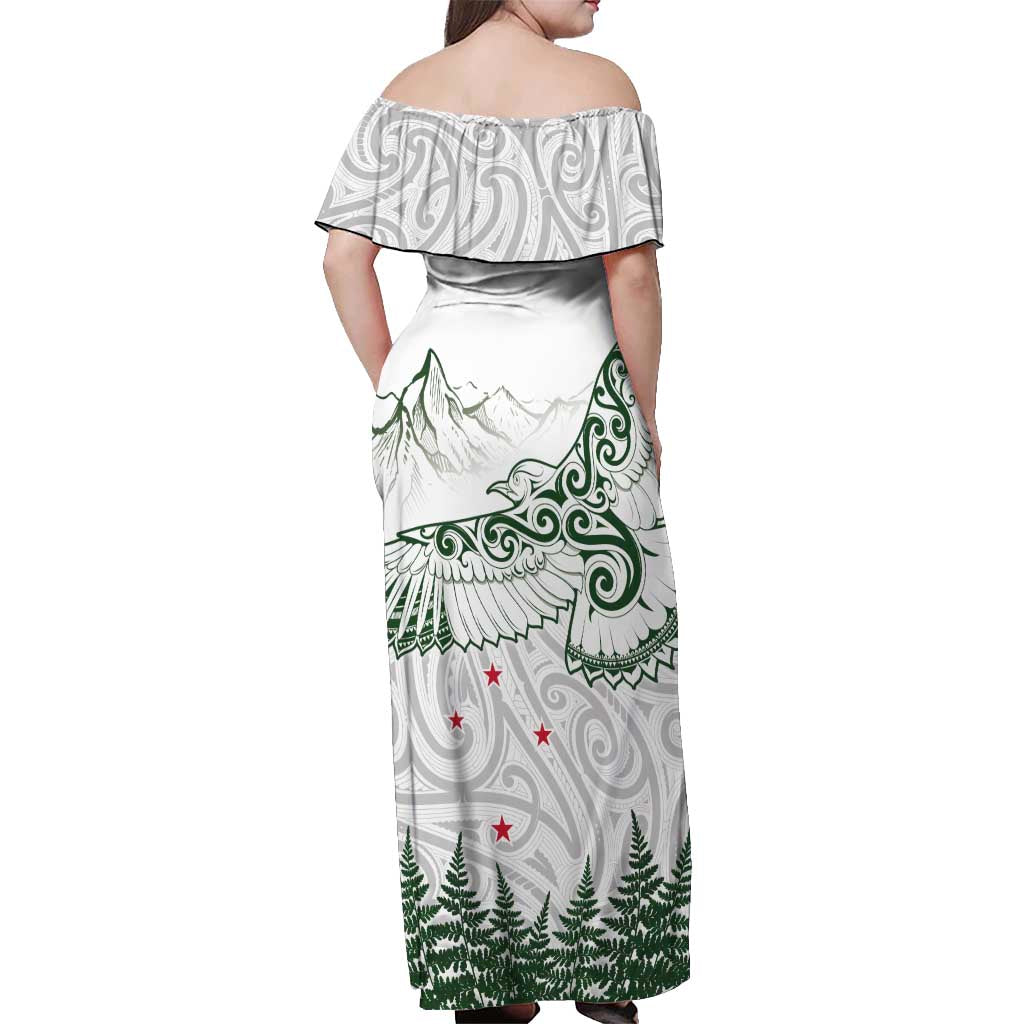 New Zealand Kea Bird Off Shoulder Maxi Dress Maori Tattoo and Silver Fern Green Color LT03 - Polynesian Pride