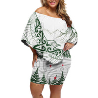 New Zealand Kea Bird Off Shoulder Short Dress Maori Tattoo and Silver Fern Green Color LT03 Women White - Polynesian Pride
