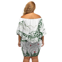 New Zealand Kea Bird Off Shoulder Short Dress Maori Tattoo and Silver Fern Green Color LT03 - Polynesian Pride