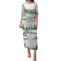 New Zealand Kea Bird Puletasi Maori Tattoo and Silver Fern Green Color LT03 Long Dress White - Polynesian Pride