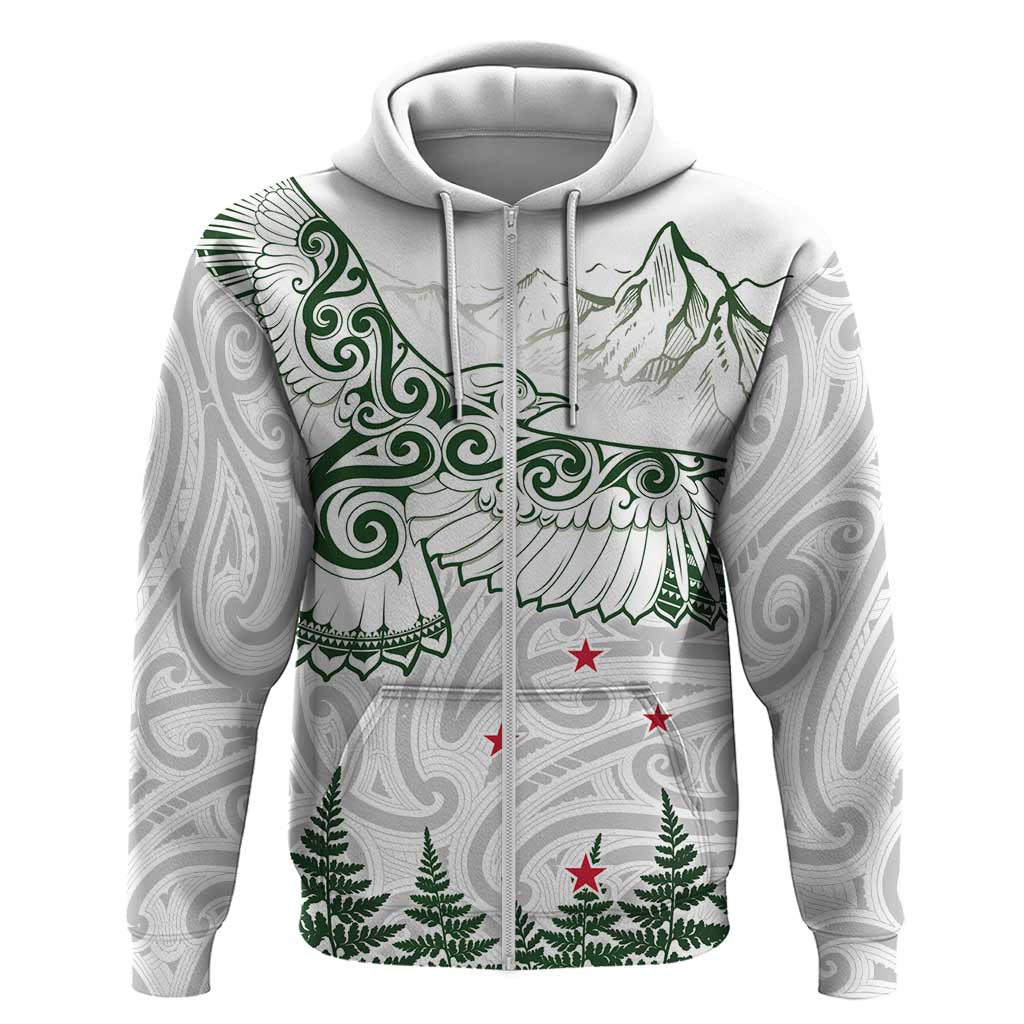 New Zealand Kea Bird Zip Hoodie Maori Tattoo and Silver Fern Green Color LT03 Zip Hoodie White - Polynesian Pride