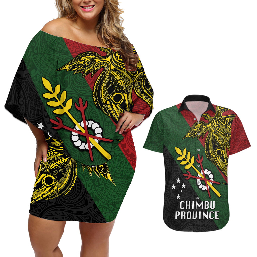 Papua New Guinea Chimbu Province Couples Matching Off Shoulder Short Dress and Hawaiian Shirt PNG Birds Of Paradise Polynesian Arty Style LT03 Green - Polynesian Pride