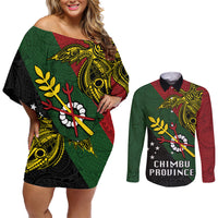 Papua New Guinea Chimbu Province Couples Matching Off Shoulder Short Dress and Long Sleeve Button Shirts PNG Birds Of Paradise Polynesian Arty Style LT03 Green - Polynesian Pride