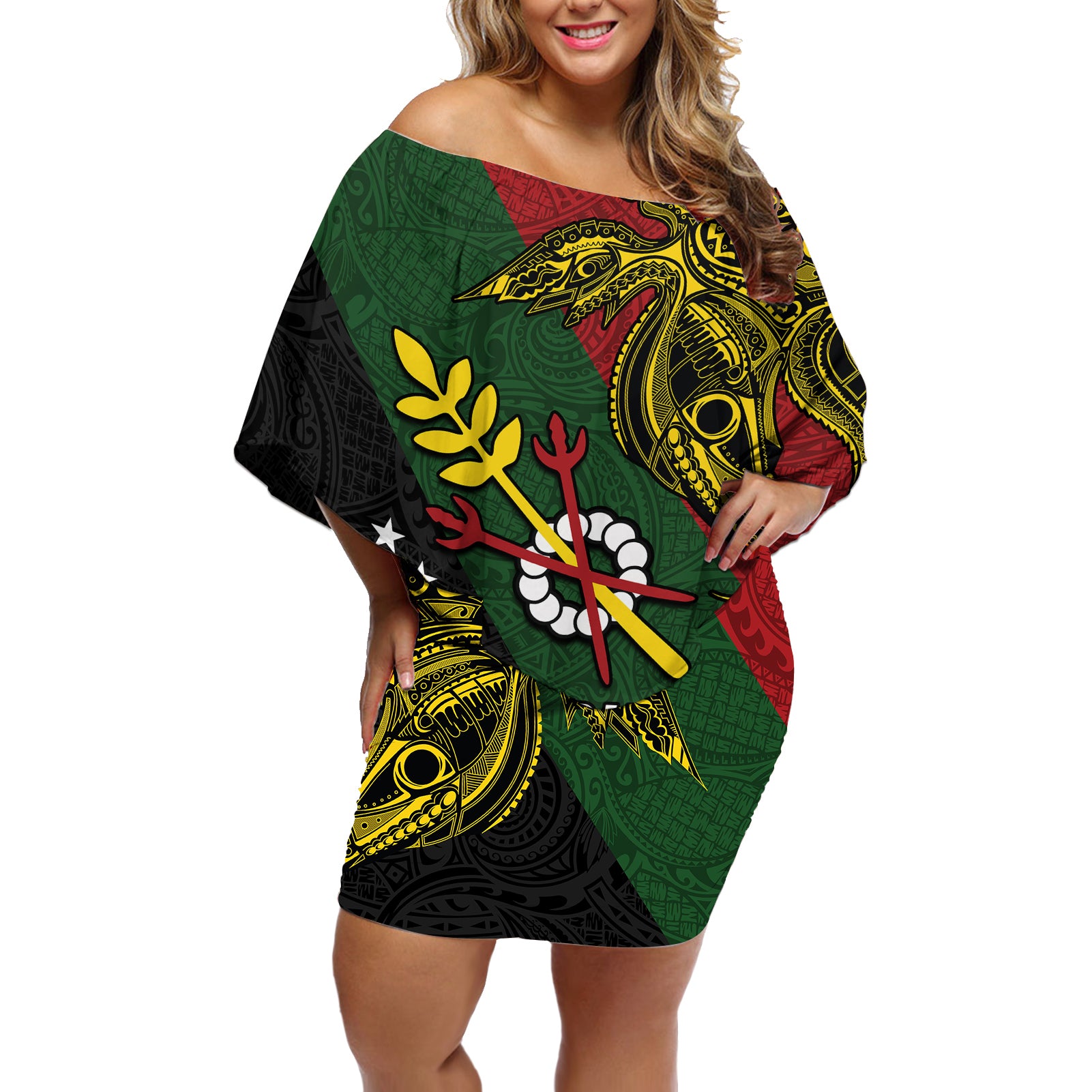 Papua New Guinea Chimbu Province Off Shoulder Short Dress PNG Birds Of Paradise Polynesian Arty Style LT03 Women Green - Polynesian Pride