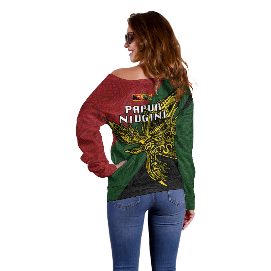 Papua New Guinea Chimbu Province Off Shoulder Sweater PNG Birds Of Paradise Polynesian Arty Style LT03 - Polynesian Pride