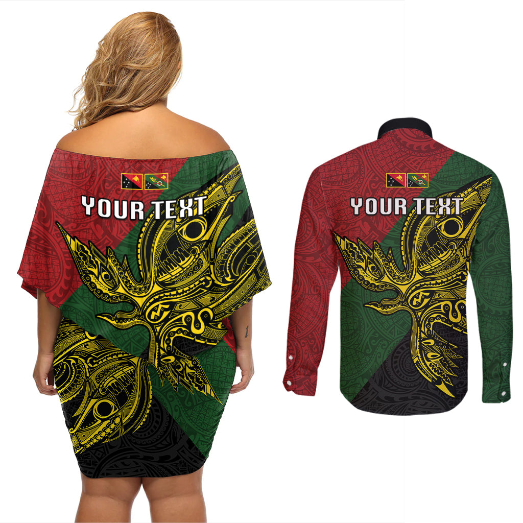 Custom Papua New Guinea Chimbu Province Couples Matching Off Shoulder Short Dress and Long Sleeve Button Shirts PNG Birds Of Paradise Polynesian Arty Style LT03 - Polynesian Pride