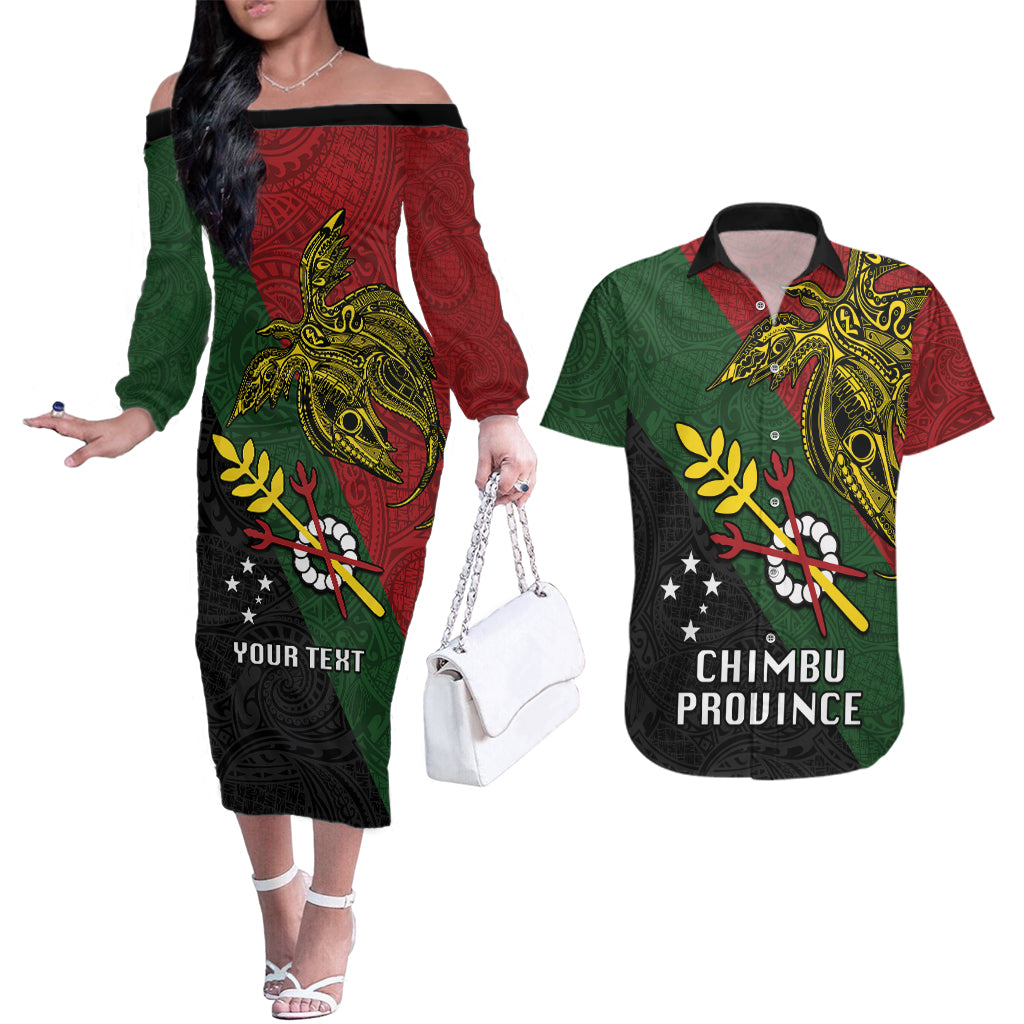 Custom Papua New Guinea Chimbu Province Couples Matching Off The Shoulder Long Sleeve Dress and Hawaiian Shirt PNG Birds Of Paradise Polynesian Arty Style LT03 Green - Polynesian Pride