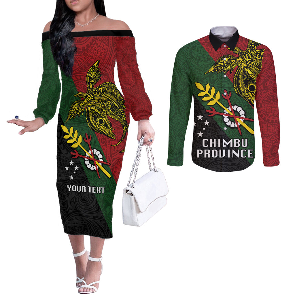 Custom Papua New Guinea Chimbu Province Couples Matching Off The Shoulder Long Sleeve Dress and Long Sleeve Button Shirts PNG Birds Of Paradise Polynesian Arty Style LT03 Green - Polynesian Pride