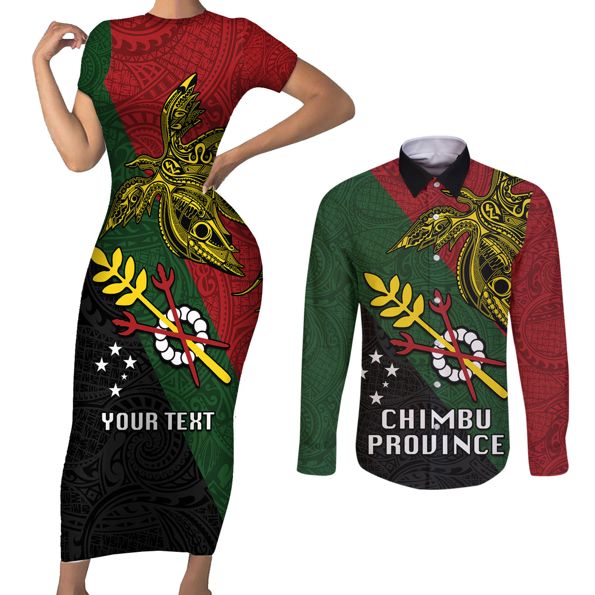 Custom Papua New Guinea Chimbu Province Couples Matching Short Sleeve Bodycon Dress and Long Sleeve Button Shirts PNG Birds Of Paradise Polynesian Arty Style LT03 Green - Polynesian Pride