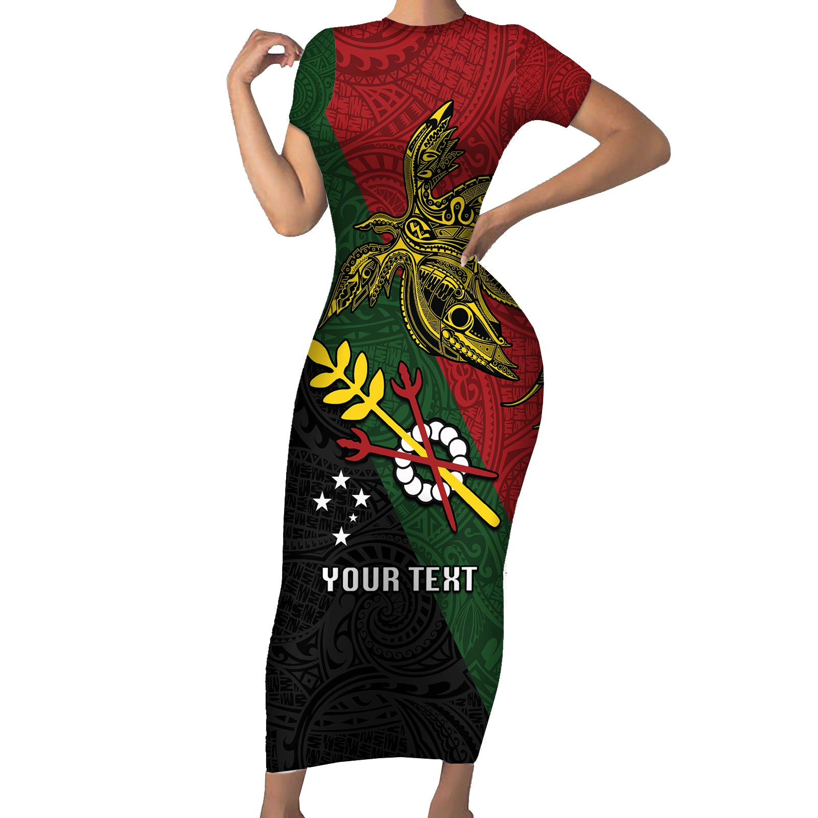 Custom Papua New Guinea Chimbu Province Short Sleeve Bodycon Dress PNG Birds Of Paradise Polynesian Arty Style LT03 Long Dress Green - Polynesian Pride