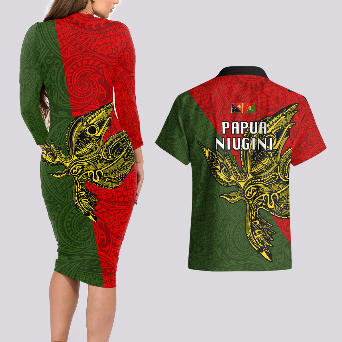 Papua New Guinea Eastern Highlands Province Couples Matching Long Sleeve Bodycon Dress and Hawaiian Shirt PNG Birds Of Paradise Polynesian Arty Style LT03 - Polynesian Pride