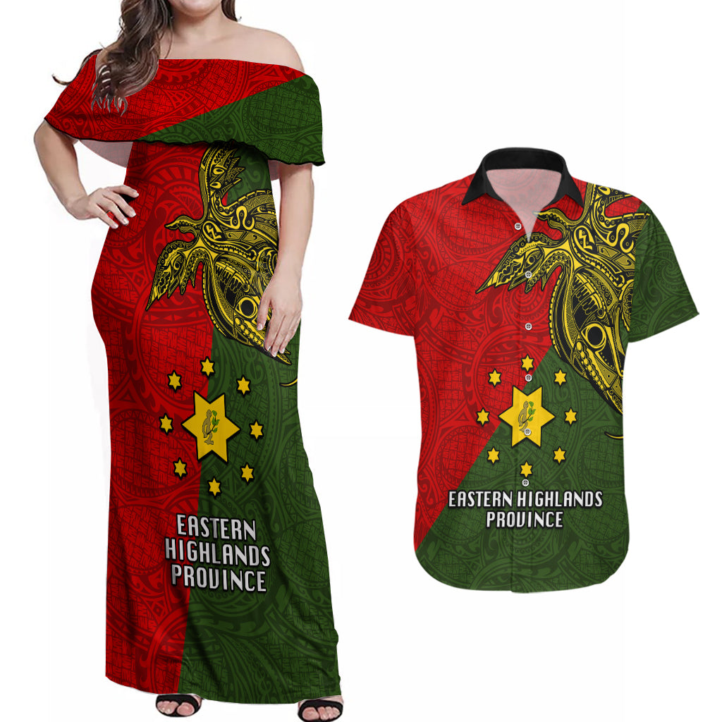 Papua New Guinea Eastern Highlands Province Couples Matching Off Shoulder Maxi Dress and Hawaiian Shirt PNG Birds Of Paradise Polynesian Arty Style LT03 Green - Polynesian Pride