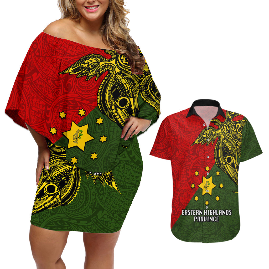 Papua New Guinea Eastern Highlands Province Couples Matching Off Shoulder Short Dress and Hawaiian Shirt PNG Birds Of Paradise Polynesian Arty Style LT03 Green - Polynesian Pride