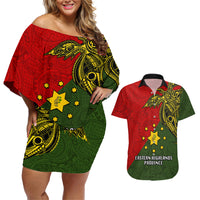 Papua New Guinea Eastern Highlands Province Couples Matching Off Shoulder Short Dress and Hawaiian Shirt PNG Birds Of Paradise Polynesian Arty Style LT03 Green - Polynesian Pride