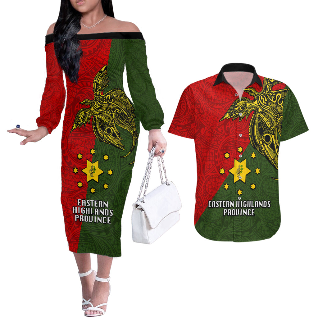 Papua New Guinea Eastern Highlands Province Couples Matching Off The Shoulder Long Sleeve Dress and Hawaiian Shirt PNG Birds Of Paradise Polynesian Arty Style LT03 Green - Polynesian Pride