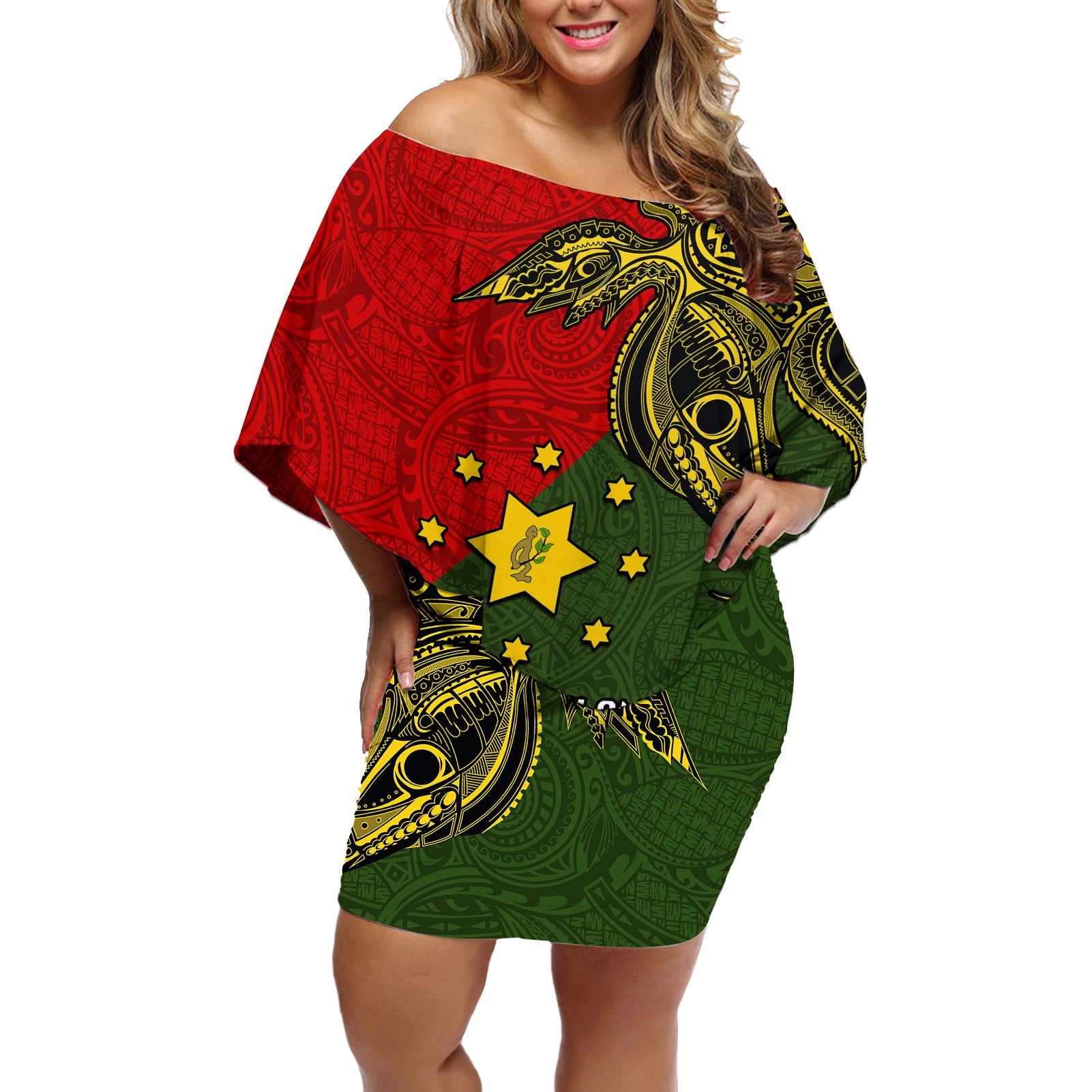 Papua New Guinea Eastern Highlands Province Off Shoulder Short Dress PNG Birds Of Paradise Polynesian Arty Style LT03 Women Green - Polynesian Pride