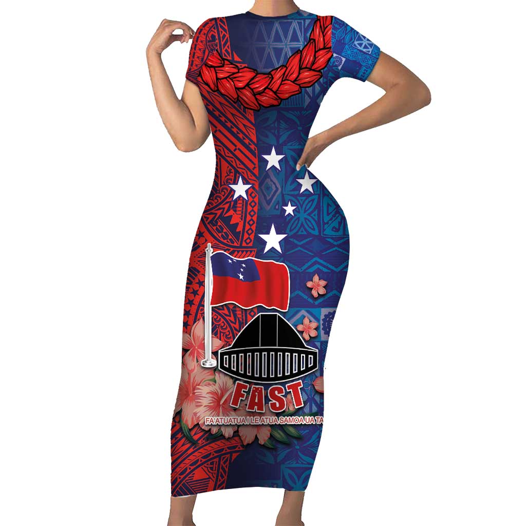 CHOGM FAST Samoa 2024 Family Matching Short Sleeve Bodycon Dress and Hawaiian Shirt Samoan Tapa Tribal and Ornament Pattern with Hibiscus