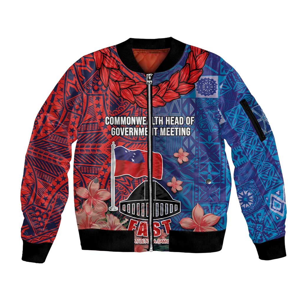 CHOGM FAST Samoa 2024 Sleeve Zip Bomber Jacket Samoan Tapa Tribal and Ornament Pattern with Hibiscus