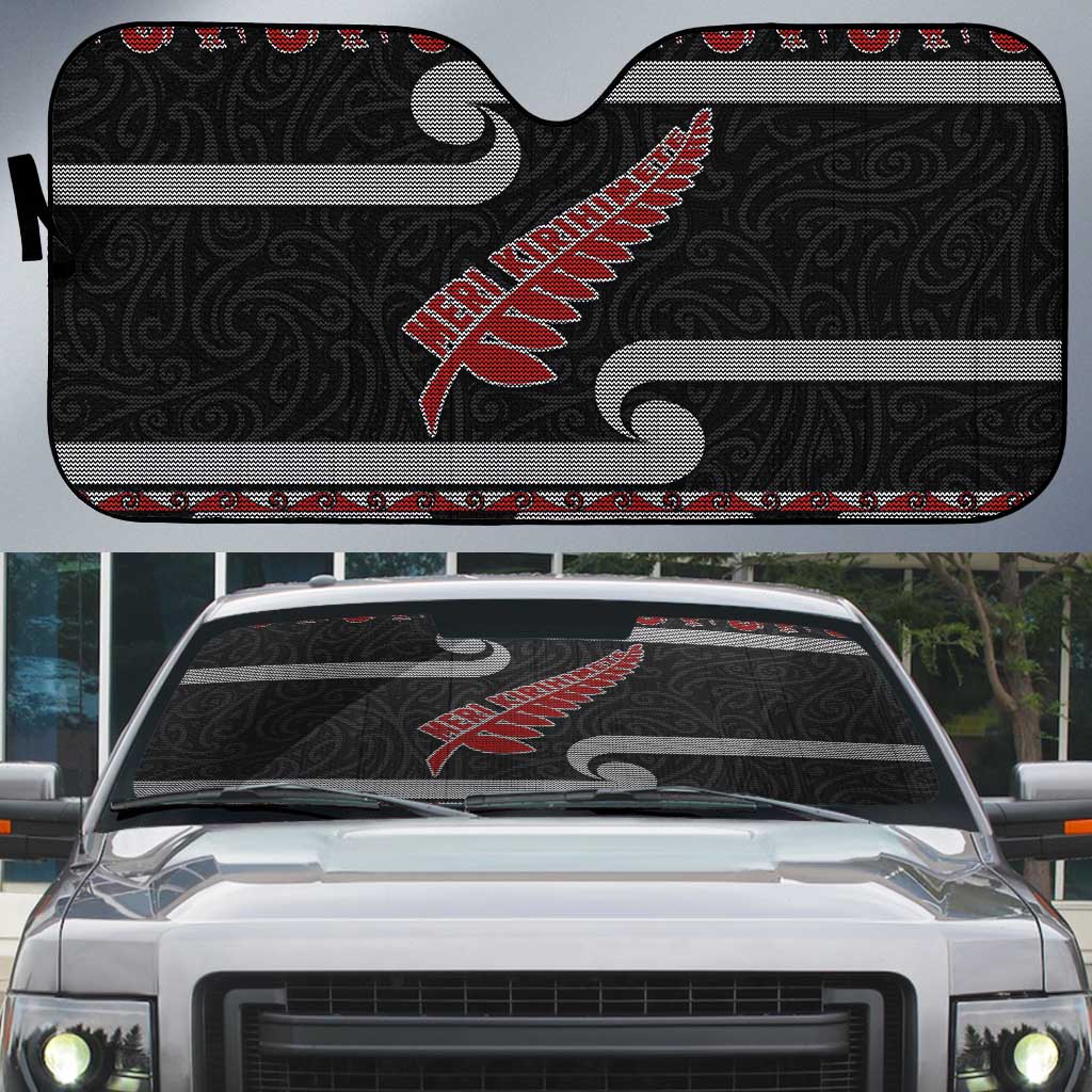 New Zealand Christmas Auto Sun Shade Meri Kirihimete Silver Fern Knit Style Red Color - Polynesian Pride