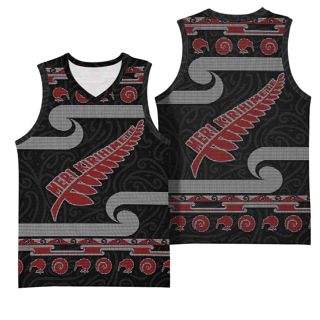 New Zealand Christmas Basketball Jersey Meri Kirihimete Silver Fern Knit Style Red Color - Polynesian Pride