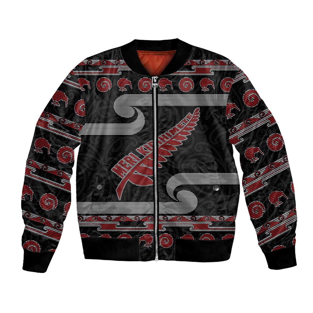 New Zealand Christmas Bomber Jacket Meri Kirihimete Silver Fern Knit Style Red Color - Polynesian Pride