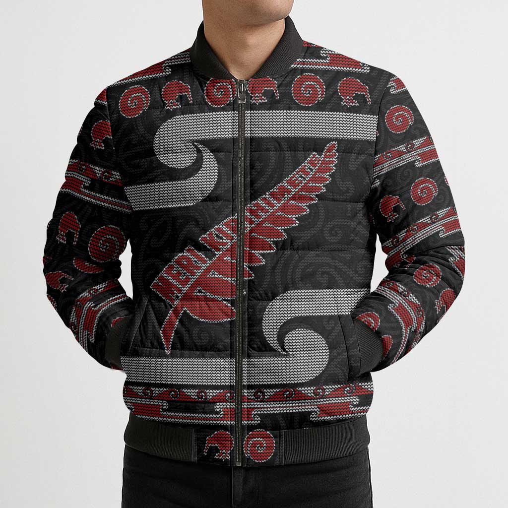 New Zealand Christmas Bomber Puffer Jacket Meri Kirihimete Silver Fern Knit Style Red Color - Polynesian Pride