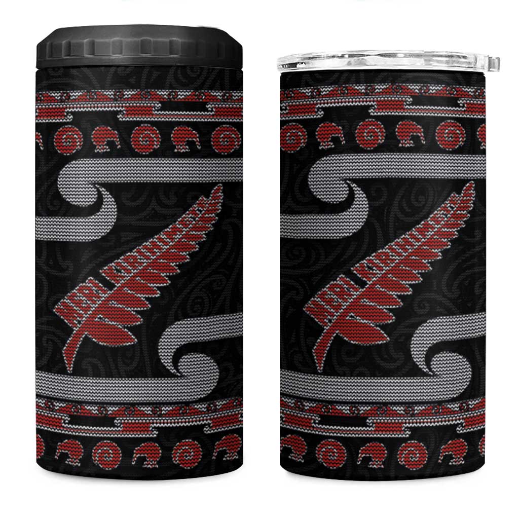 New Zealand Christmas 4 in 1 Can Cooler Tumbler Meri Kirihimete Silver Fern Knit Style Red Color - Polynesian Pride
