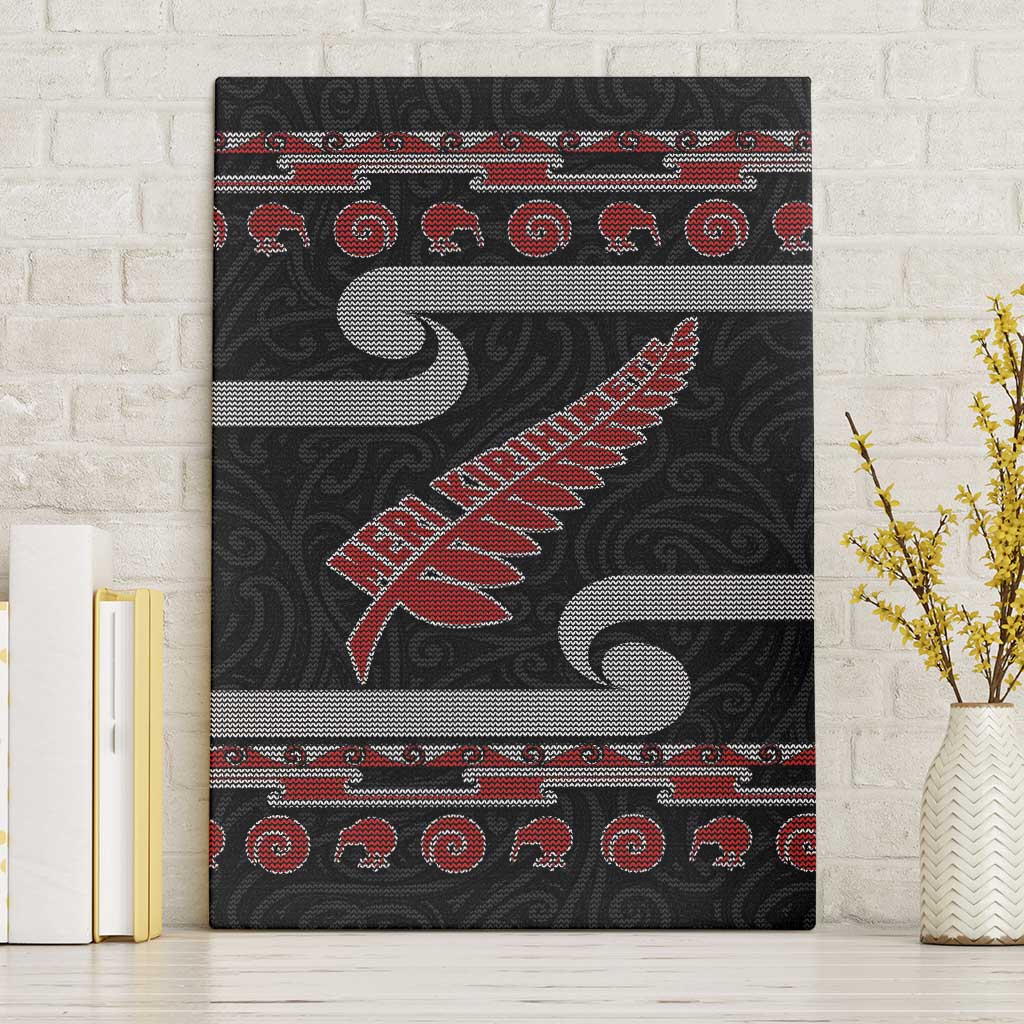 New Zealand Christmas Canvas Wall Art Meri Kirihimete Silver Fern Knit Style Red Color - Polynesian Pride