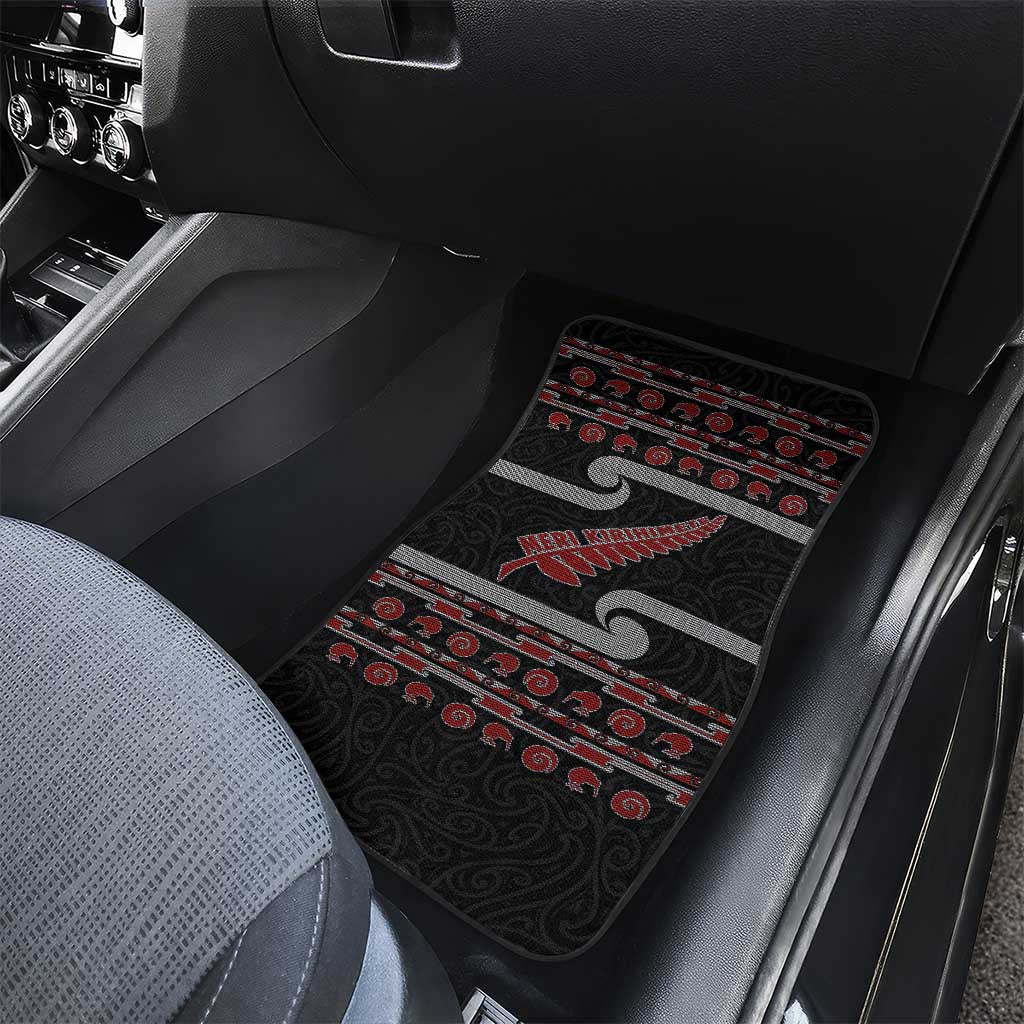 New Zealand Christmas Car Mats Meri Kirihimete Silver Fern Knit Style Red Color - Polynesian Pride