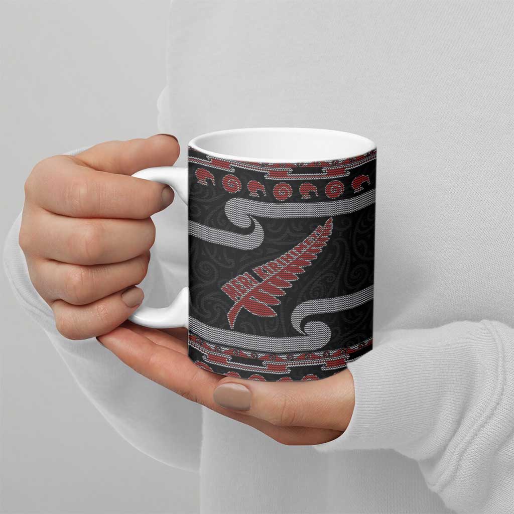 New Zealand Christmas Ceramic Mug Meri Kirihimete Silver Fern Knit Style Red Color - Polynesian Pride