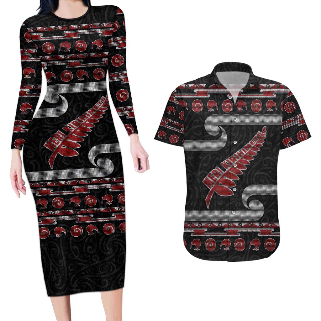 New Zealand Christmas Couples Matching Long Sleeve Bodycon Dress and Hawaiian Shirt Meri Kirihimete Silver Fern Knit Style Red Color - Polynesian Pride