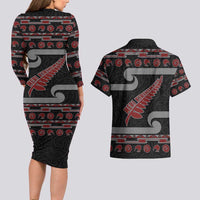 New Zealand Christmas Couples Matching Long Sleeve Bodycon Dress and Hawaiian Shirt Meri Kirihimete Silver Fern Knit Style Red Color - Polynesian Pride