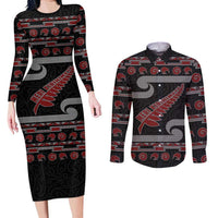 New Zealand Christmas Couples Matching Long Sleeve Bodycon Dress and Long Sleeve Button Shirt Meri Kirihimete Silver Fern Knit Style Red Color - Polynesian Pride
