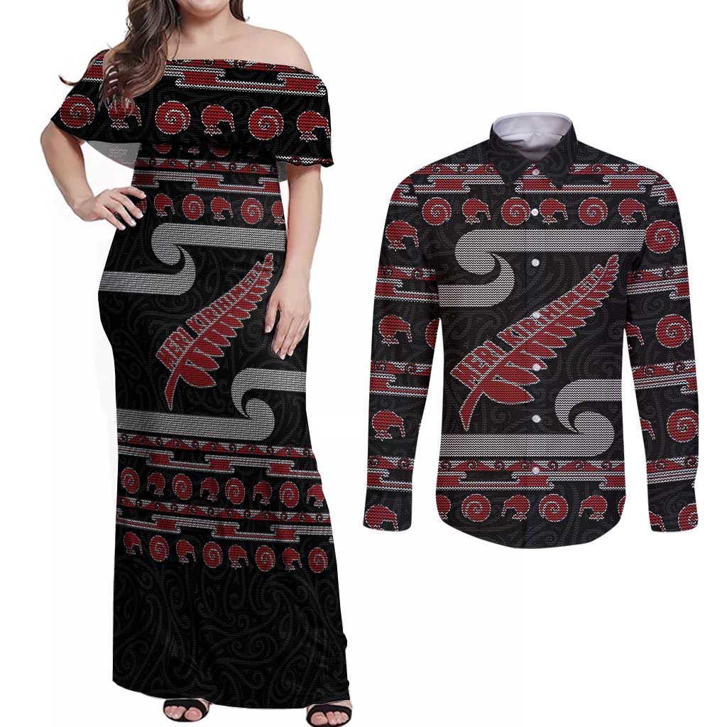 New Zealand Christmas Couples Matching Off Shoulder Maxi Dress and Long Sleeve Button Shirt Meri Kirihimete Silver Fern Knit Style Red Color - Polynesian Pride
