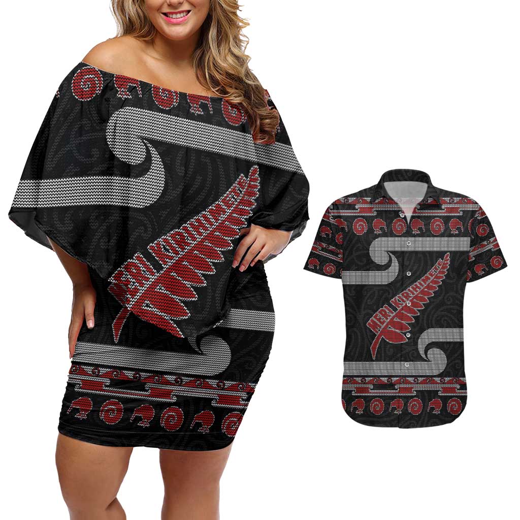 New Zealand Christmas Couples Matching Off Shoulder Short Dress and Hawaiian Shirt Meri Kirihimete Silver Fern Knit Style Red Color - Polynesian Pride