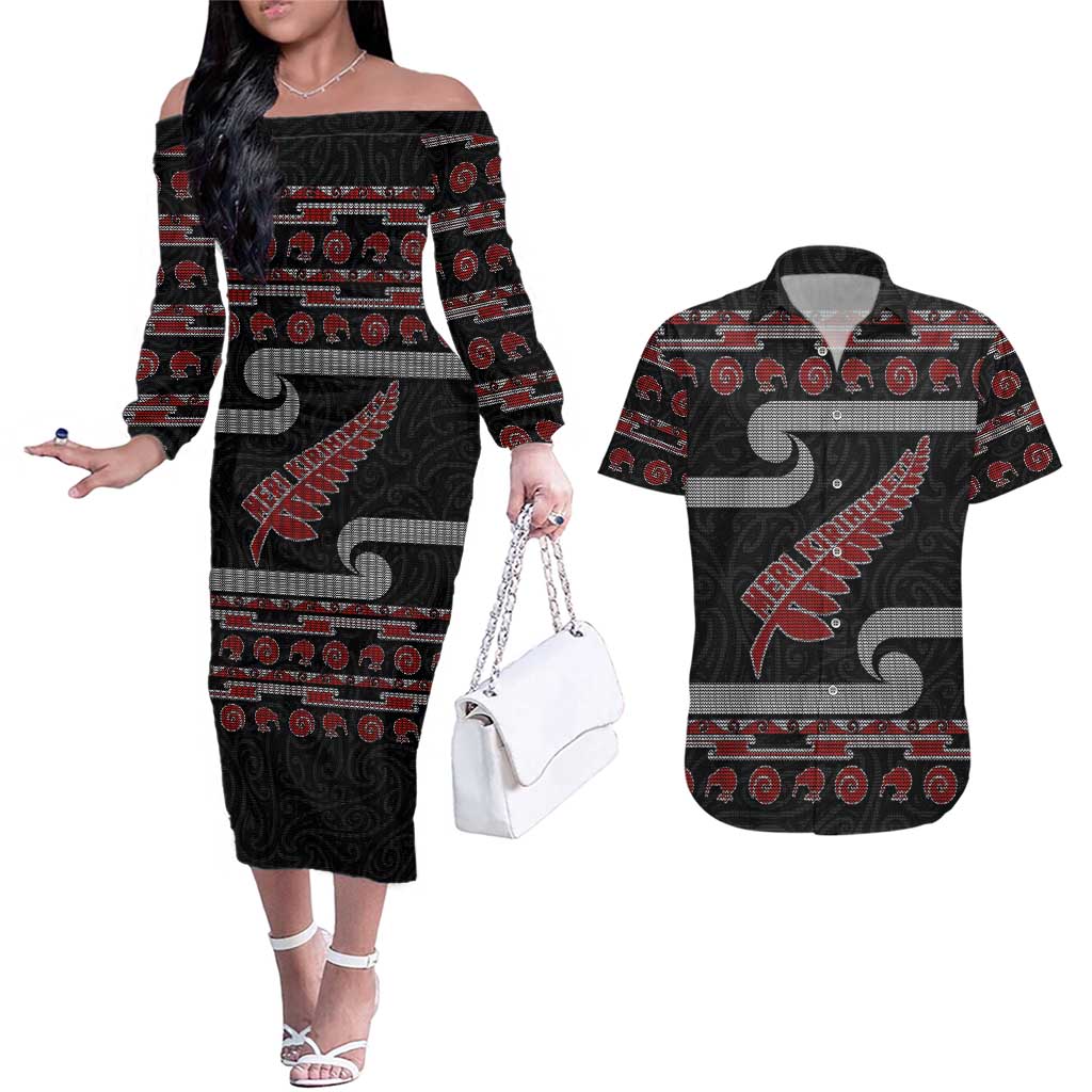 New Zealand Christmas Couples Matching Off The Shoulder Long Sleeve Dress and Hawaiian Shirt Meri Kirihimete Silver Fern Knit Style Red Color - Polynesian Pride