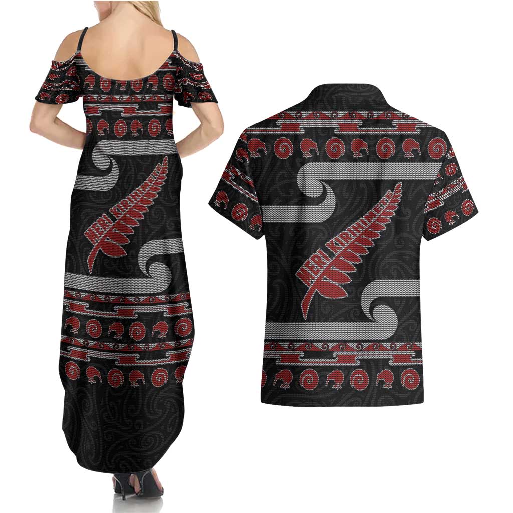 New Zealand Christmas Couples Matching Summer Maxi Dress and Hawaiian Shirt Meri Kirihimete Silver Fern Knit Style Red Color - Polynesian Pride