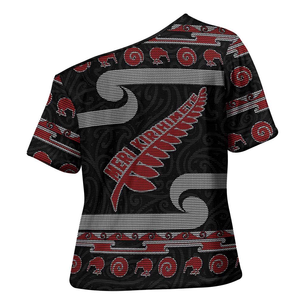 New Zealand Christmas Cross Shoulder Shirt Meri Kirihimete Silver Fern Knit Style Red Color - Polynesian Pride