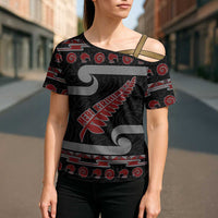 New Zealand Christmas Cross Shoulder Shirt Meri Kirihimete Silver Fern Knit Style Red Color - Polynesian Pride