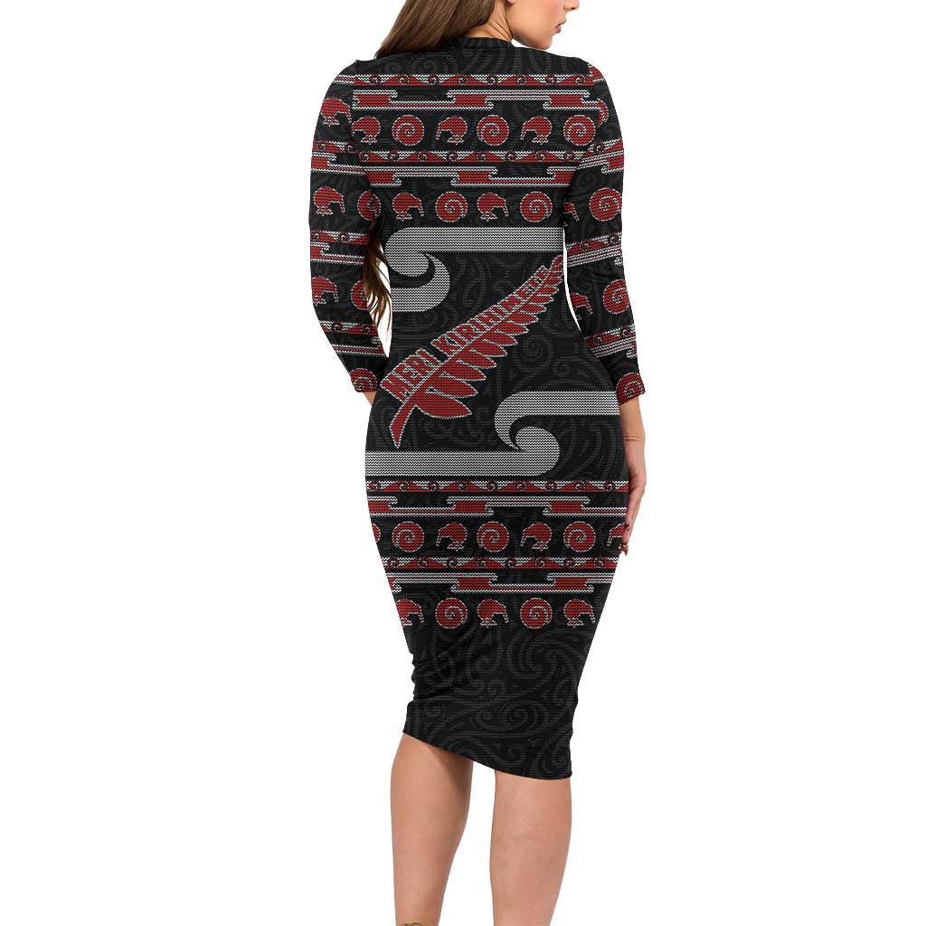New Zealand Christmas Family Matching Long Sleeve Bodycon Dress and Hawaiian Shirt Meri Kirihimete Silver Fern Knit Style Red Color - Polynesian Pride